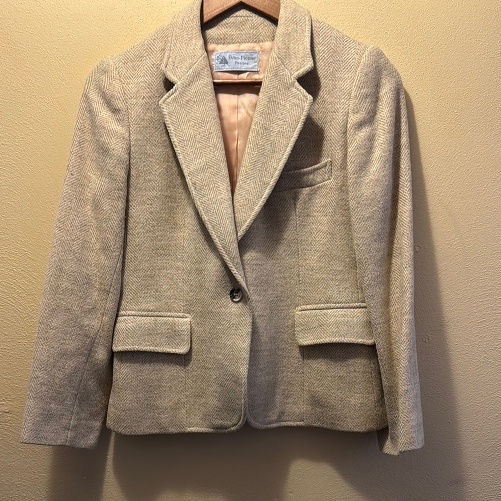 vtg 80s EvanPicone Petite wool Sport Coat womens Sz 10 beige tweed button jacket
